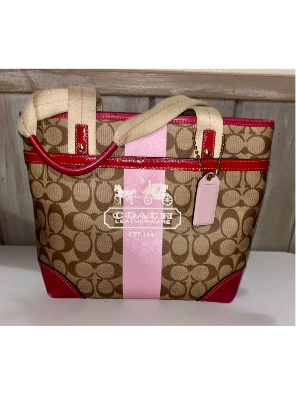 Coach Authentic Y2K Luxury Pink Stripe Signature Heritage Shoulder Tote Purse
